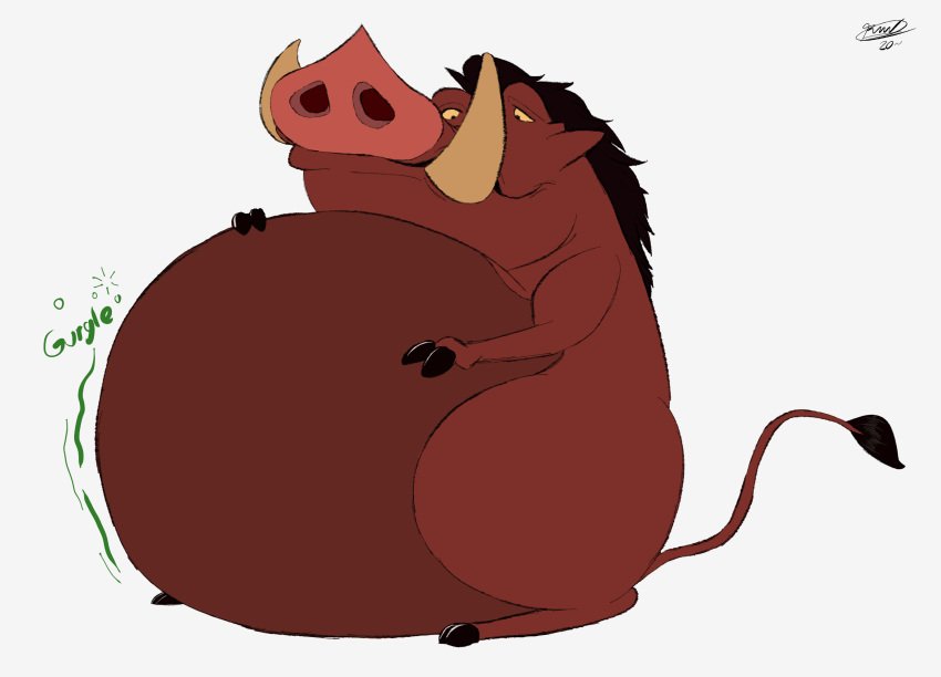 2020 belly big_belly bloated digestion digestion_noises disney feral fur hand_on_stomach hi_res male mammal obese obese_feral obese_male overweight overweight_feral overweight_male pumbaa raised_tail richmanwolf sitting smile solo sound_effects suid suina text the_lion_king tusks warthog