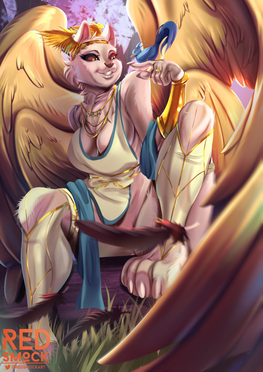 absurd_res anthro avian bird breasts clothed clothing detailed_background digital_media_(artwork) domestic_cat fantasy feathered_wings feathers feet felid feline felis female forest fur gold_(metal) gold_jewelry greek_clothing hi_res jewelry legwear mammal multi_wing open_mouth pawpads paws plant red_eyes redsmock smile solo solo_focus spread_wings stockings teeth toes tree white_body wings