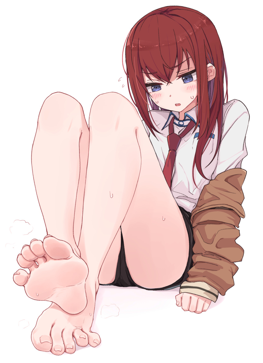 1girl bare_legs barefoot black_shorts blue_eyes blush brown_hair collared_shirt commentary commentary_request feet foot_focus foreshortening full_body highres jacket kahlua_(artist) long_hair makise_kurisu necktie off_shoulder pantyhose parted_lips red_necktie shirt short_shorts shorts simple_background sitting soles solo steins;gate sweat toes white_background white_shirt