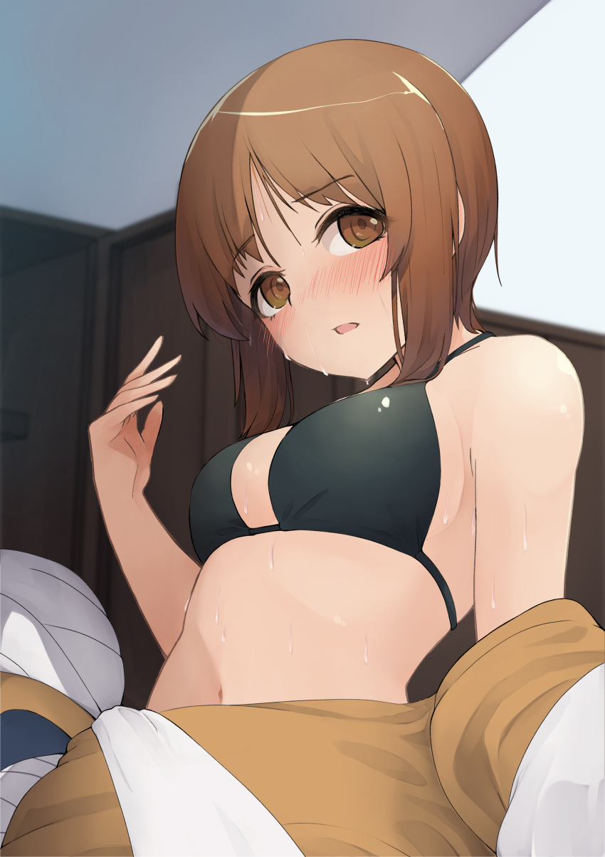 1girl absurdres arm_at_side bangs bare_shoulders black_bra blush bra breasts brown_eyes brown_hair cleavage costume fanning_face girls_und_panzer highres hot indoors kakimoto_nao large_breasts navel nishizumi_miho open_mouth room short_hair sidelocks stomach sweat underwear undressing