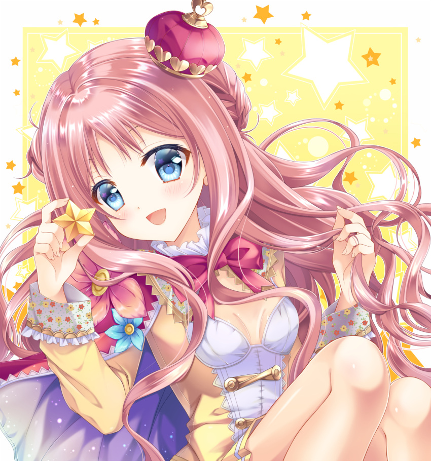 1girl :d atelier_(series) atelier_meruru bangs bare_legs blue_eyes blush breasts cleavage crown curly_hair dress floating_hair highres holding holding_hair long_hair long_sleeves looking_at_viewer merurulince_rede_arls mini_crown open_mouth pink_hair shiny shiny_hair shiny_skin shizuki_ayame short_dress small_breasts smile solo very_long_hair yellow_background yellow_dress
