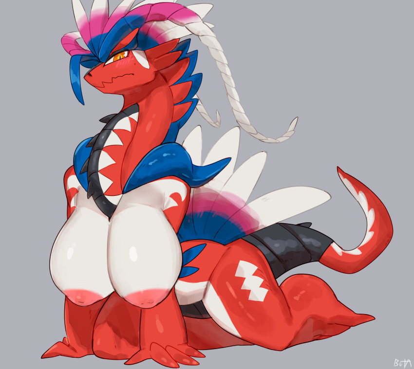 absurd_res anthro areola blush breasts buta99 dragon feathers female hi_res koraidon legendary_pok&eacute;mon looking_at_viewer nintendo nude pok&eacute;mon pok&eacute;mon_(species) red_body simple_background solo tire video_games