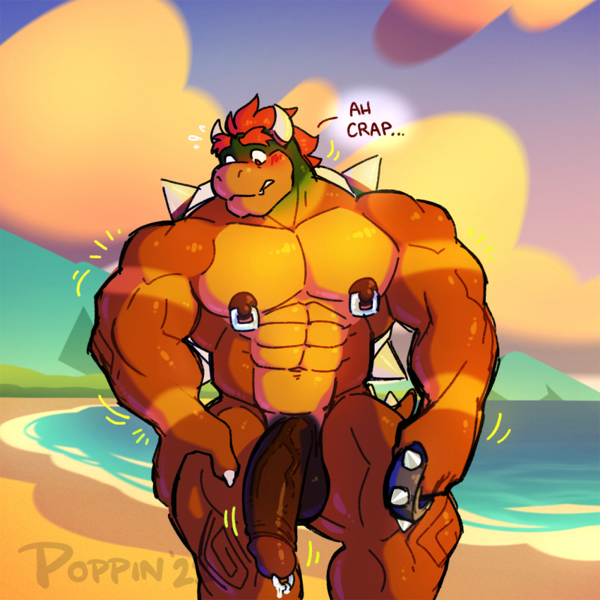 anthro balls beach big_balls big_muscles big_penis bodily_fluids bowser bracelet brown_balls brown_body brown_penis brown_scales claws countershade_torso countershading darkened_genitalia detailed_background dripping father's_day flaccid foreskin genital_fluids genital_piercing genitals green_body green_skin hair hi_res holidays horn huge_penis jewelry koopa male manly mario_bros motion_lines mountain muscular muscular_male nintendo nipple_piercing nipple_ring nipples orange_body orange_scales penis penis_piercing piercing poppin precum precum_drip prince_albert_piercing red_eyes red_hair scales scalie sea seaside sharp_teeth shell solo spiked_bracelet spiked_shell spikes spikes_(anatomy) standing sunset suntan sweat tan_line teeth thick_thighs video_games water