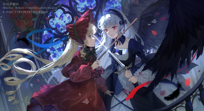 2girls bangs black_bow black_bowtie black_hairband blonde_hair blue_ribbon bow bowtie collarbone dress flower frilled_dress frills green_eyes grey_hair hair_ribbon hairband highres holding holding_weapon lolita_fashion multiple_girls parted_lips red_dress red_eyes red_flower red_rose ribbon rose rozen_maiden shinku smile suigintou teatix weapon