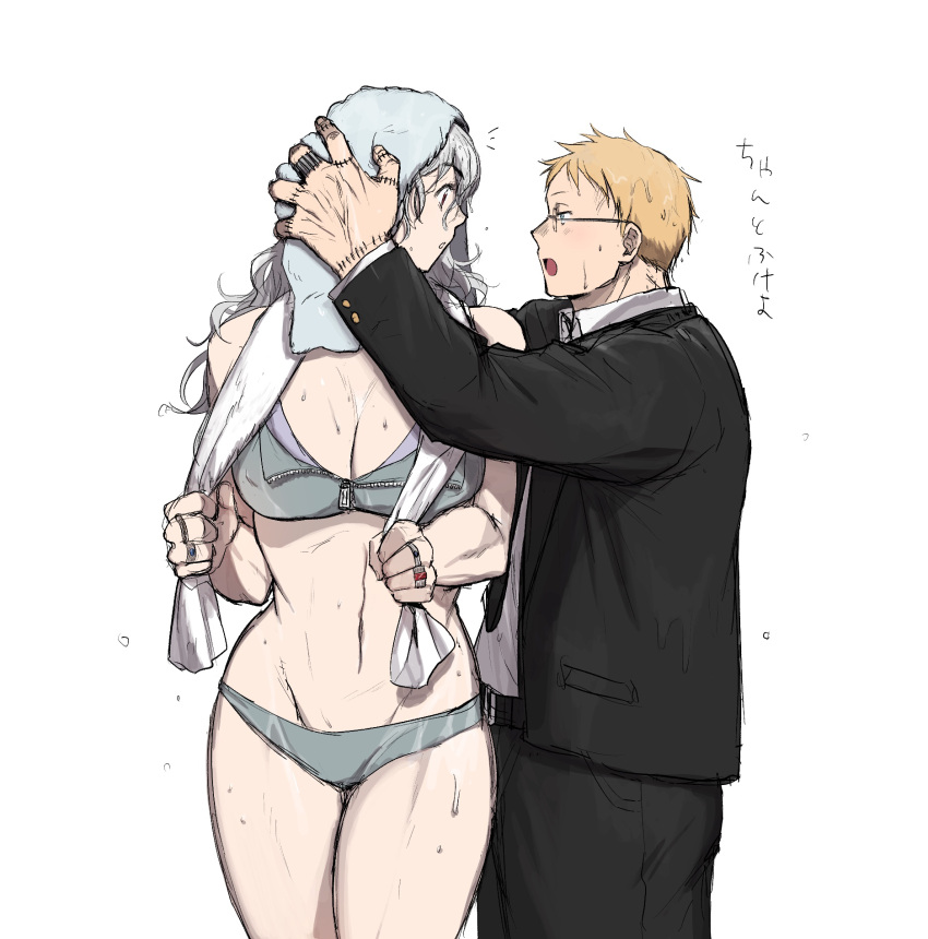 1boy 1girl after_bathing black_jacket black_necktie black_pants blonde_hair bra breasts cleavage collared_shirt cowboy_shot dorohedoro drying drying_hair eye_contact formal glasses grey_hair hands_up highres holding holding_towel jacket jewelry ki_(mxxxx) large_breasts long_hair long_sleeves looking_at_another necktie noi_(dorohedoro) open_mouth panties pants partially_unzipped profile ring shin_(dorohedoro) shirt short_hair simple_background sketch standing stitched_fingers stitched_hand suit towel towel_around_neck towel_on_head translation_request underwear underwear_only wavy_hair wet wet_hair white_background white_shirt