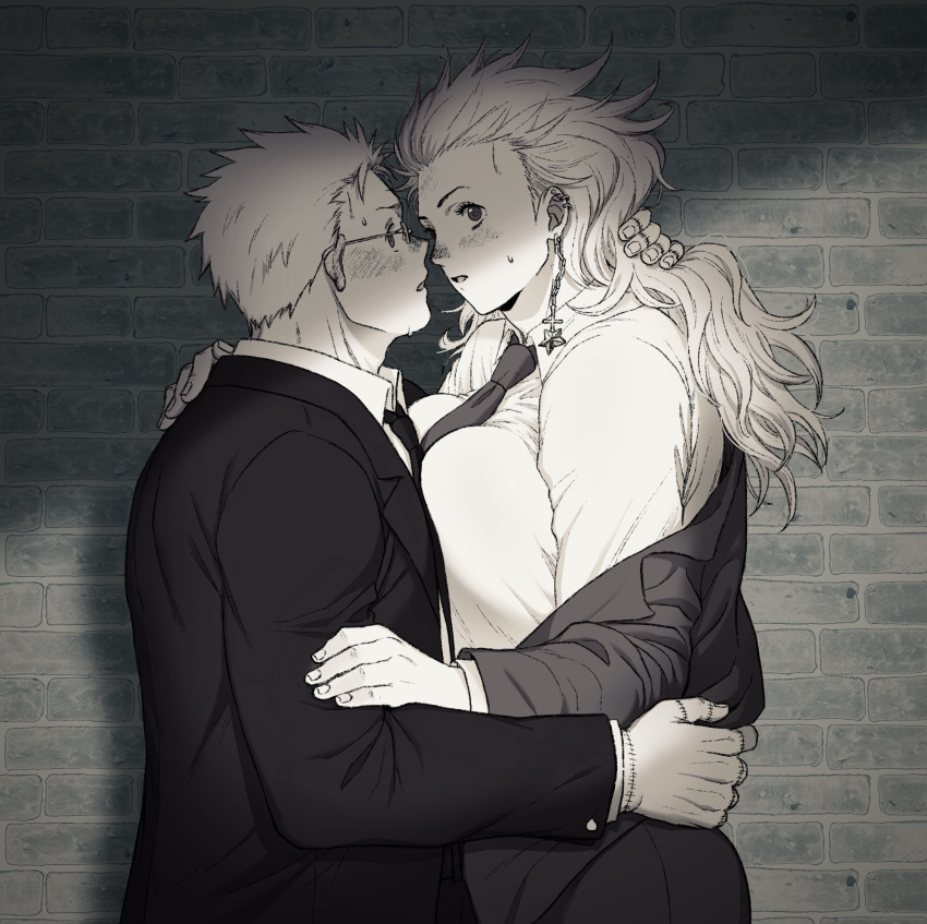1boy 1girl between_breasts blush breast_press breasts brick_wall collared_shirt dorohedoro ear_blush earrings face-to-face formal from_side glasses hand_on_another's_arm hand_on_another's_hip hand_on_another's_neck hand_on_another's_shoulder hand_up height_difference hetero highres imminent_kiss jacket jewelry ki_(mxxxx) large_breasts long_hair long_sleeves looking_at_viewer monochrome necktie necktie_between_breasts noi_(dorohedoro) nose_blush off_shoulder parted_lips shin_(dorohedoro) shirt short_hair sideways_glance star_(symbol) stitched_fingers stitched_hand suit surprised upper_body
