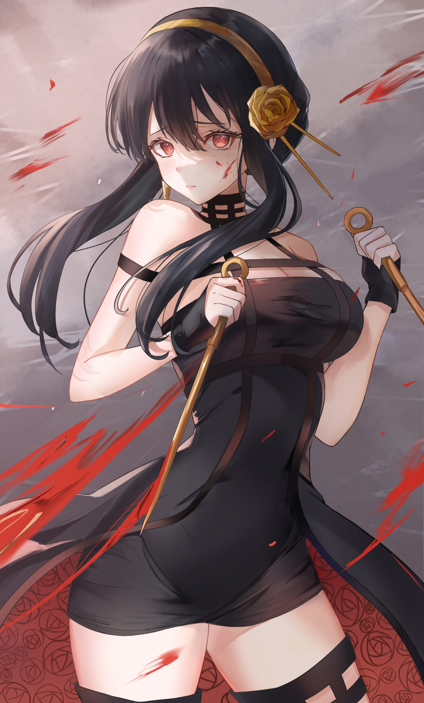 1girl absurdres black_hair blood blood_on_face blood_on_weapon breasts cleavage closed_mouth dagger dress dual_wielding floating_hair floral_print flower furrowed_brow gold_hairband highres holding knife large_breasts long_hair looking_at_viewer red_eyes reverse_grip rose rose_print sidelocks solo sora01o spy_x_family stiletto_(weapon) taut_clothes taut_dress thighhighs two-tone_dress weapon yor_briar zettai_ryouiki