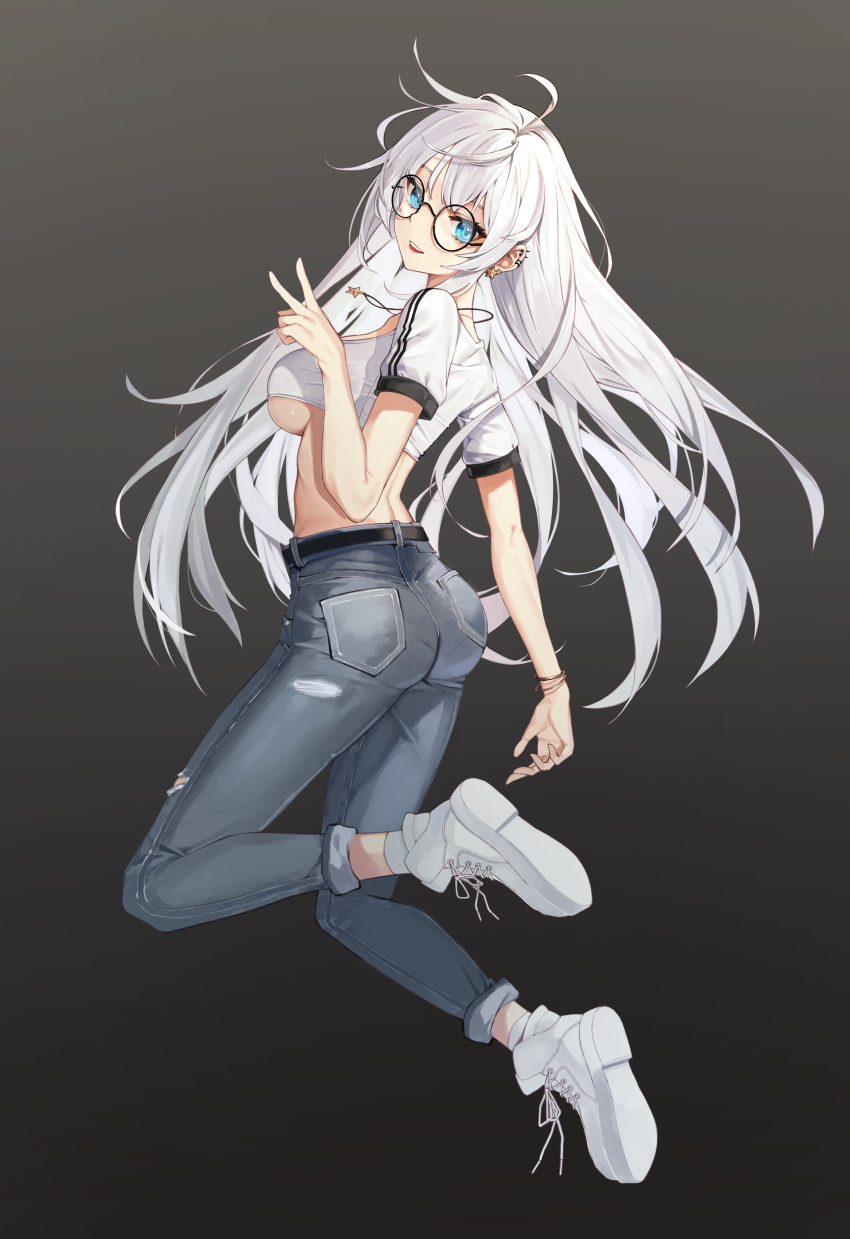 1girl absurdres ahoge ass back belt black-framed_eyewear black_pants blue_eyes breasts chukibabo2 commission crop_top denim ear_piercing earrings from_behind full_body glasses gradient gradient_background hand_up highres jewelry long_hair looking_at_viewer looking_back medium_breasts midriff open_mouth original pants piercing round_eyewear shirt shoes short_sleeves smile sneakers socks solo torn_clothes torn_pants underboob v very_long_hair white_footwear white_hair white_legwear white_shirt