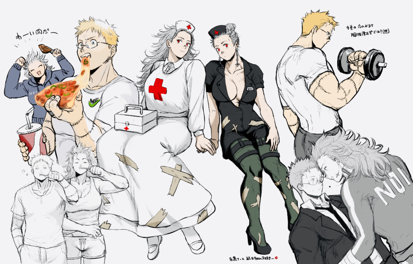 1boy 1girl ^_^ absurdres arm_wrap barbell bare_arms bendy_straw blonde_hair blue_jacket blue_pants box breasts brushing_teeth cheering chicken_(food) closed_eyes clothes_writing collared_shirt cross cross_earrings cross_print cup disposable_cup dorohedoro drawstring dress dress_shirt drinking_straw drinking_straw_in_mouth dual_persona dumbbell earrings eating exercise eye_contact face-to-face facing_viewer fast_food first_aid_kit food formal glasses green_legwear grey_hair hair_bun half-closed_eyes hands_up hat head_tilt highres holding holding_cup holding_food holding_hands holding_toothbrush hood hoodie inverted_cross jacket jewelry ki_(mxxxx) large_breasts long_hair long_sleeves looking_at_another multiple_views muscular muscular_female muscular_male necktie noi_(dorohedoro) nurse nurse_cap pants pantyhose partially_colored partially_unbuttoned pizza pizza_slice red_eyes shin_(dorohedoro) shirt short_hair short_jumpsuit short_sleeves shorts simple_background single_hair_bun sleeping smile stitched_arm stitched_fingers suit t-shirt tank_top tape toothbrush toothbrush_in_mouth track_suit updo weightlifting white_background white_dress white_footwear white_legwear white_shirt