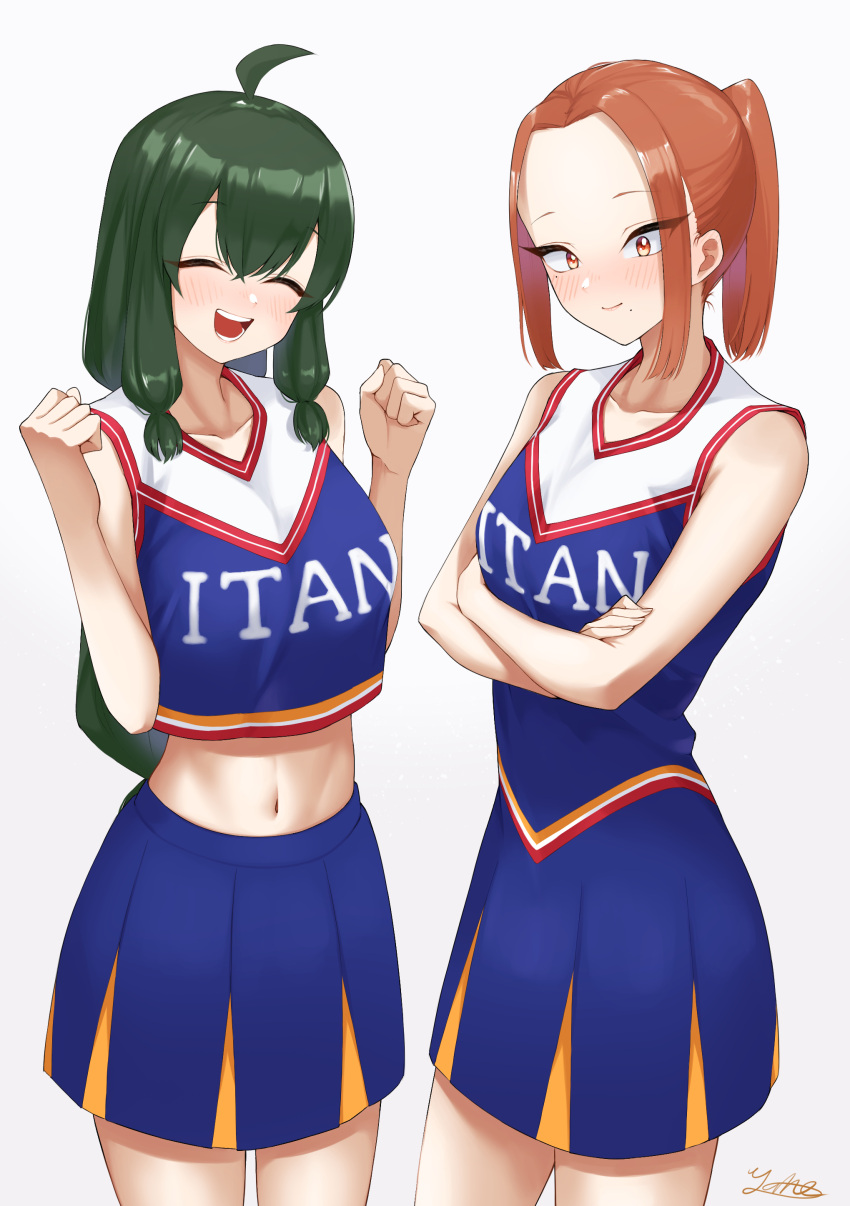 2girls absurdres ahoge arms_under_breasts bangs blue_dress blue_shirt blue_skirt blush breasts brown_hair cheerleader clenched_hands closed_eyes closed_mouth cowboy_shot crop_top crop_top_overhang crossed_arms crossed_bangs dress forehead green_hair hands_up highres komi-san_wa_komyushou_desu large_breasts low_tied_hair mole mole_under_eye mole_under_mouth multiple_girls navel onemine_nene open_mouth otori_kaede ponytail shirt short_dress sidelocks signature skirt sleeveless sleeveless_dress sleeveless_shirt small_breasts smile standing white_background yuhi