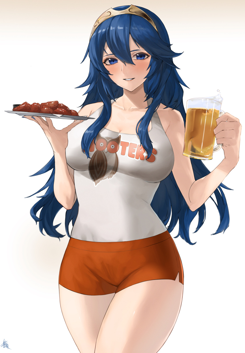 1girl absurdres alternate_breast_size alternate_costume beer_mug blue_eyes blue_hair breasts chicken_(food) cleavage cowboy_shot cup fire_emblem fire_emblem_awakening foam food hair_between_eyes highres holding holding_cup holding_plate hooters kataku_musou long_hair lucina_(fire_emblem) medium_breasts mug no_legwear orange_shorts parted_lips plate short_shorts shorts signature simple_background solo tank_top thighs tiara waitress wavy_hair white_background white_tank_top