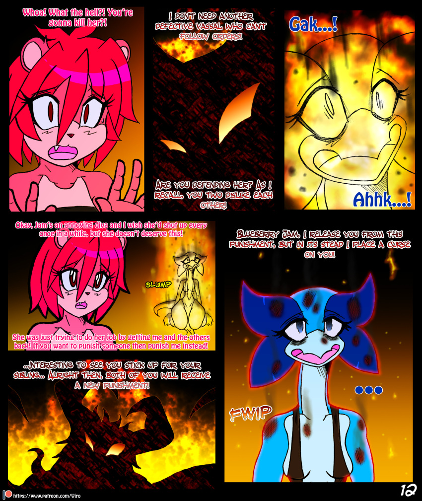 2018 absurd_res anthro blue_eyes blueberry_jam_(viroveteruscy) breasts burn_marks burning clothing comic daylock_(viroveteruscy) demon dress english_text female fire fur group hair hi_res mammal multicolored_body multicolored_fur non-mammal_breasts open_mouth pink_hair raspberry_(viroveteruscy) red_eyes reptile scalie text thick_thighs topwear trio two_tone_body two_tone_fur ursid viroveteruscy warning_cream_filled