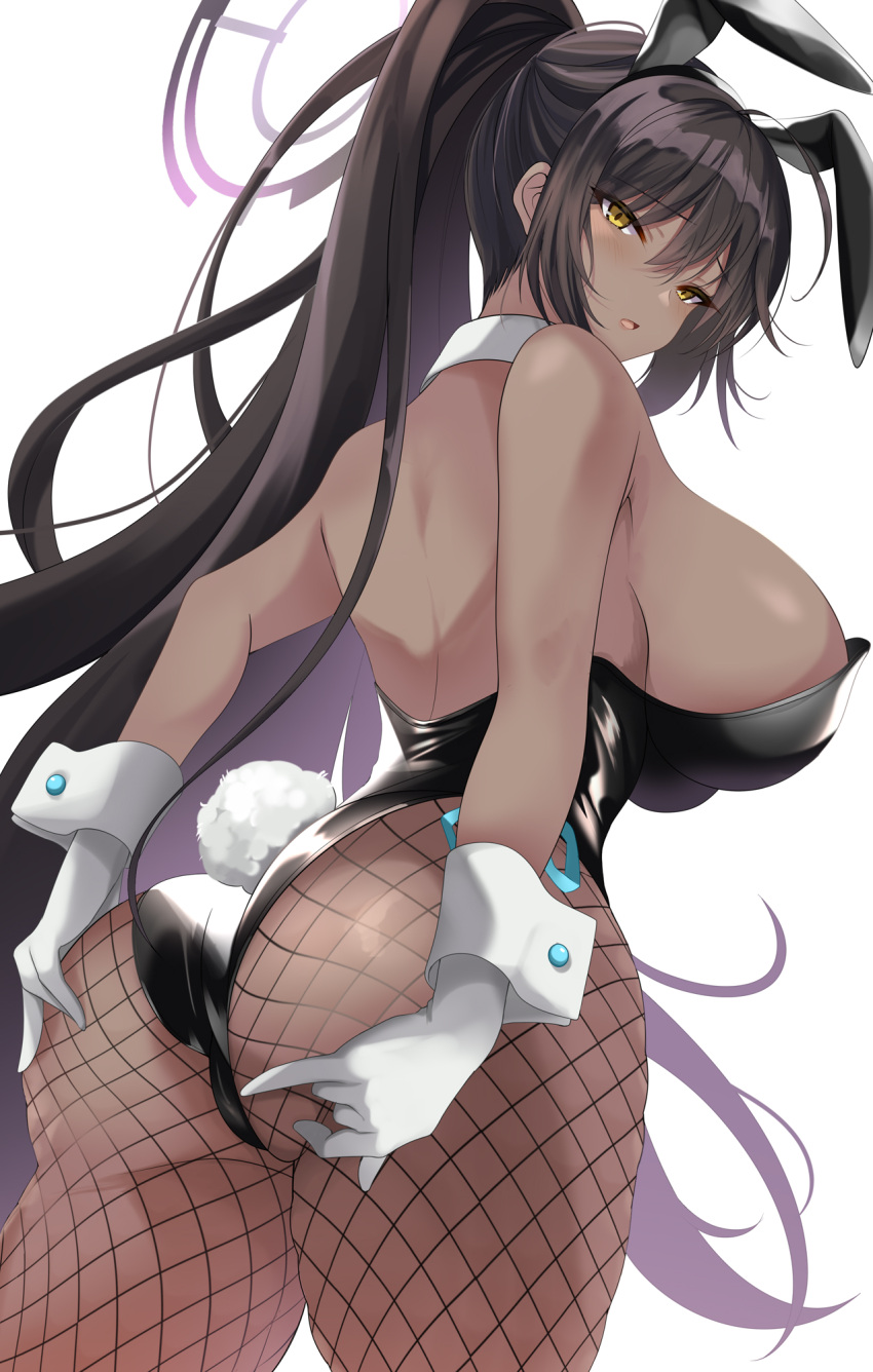 1girl akatsuki_(aktk511) alternate_breast_size arms_behind_back ass ass_support backless_leotard bare_arms bare_shoulders black_hair black_leotard blue_archive breasts commentary cowboy_shot dark-skinned_female dark_skin detached_collar fishnet_legwear fishnets from_behind gloves hair_between_eyes halo high_ponytail highleg highleg_leotard highres huge_breasts karin_(blue_archive) karin_(bunny)_(blue_archive) leotard long_hair looking_at_viewer looking_back multicolored_hair no_bra open_mouth playboy_bunny purple_hair shiny shiny_clothes sideboob sidelocks simple_background slit_pupils solo strapless strapless_leotard streaked_hair thighs two-tone_hair very_long_hair white_background white_gloves wrist_cuffs yellow_eyes