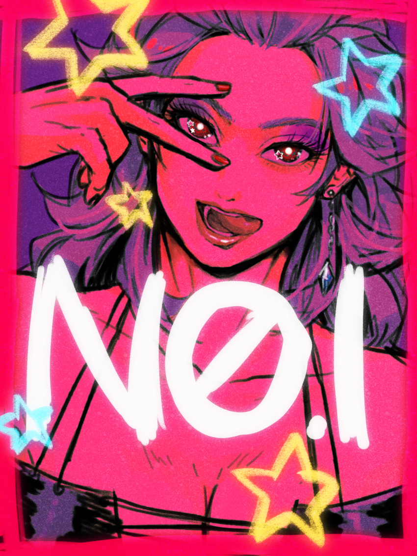 1girl border breasts cleavage collarbone dorohedoro drgryu750 earrings eyelashes hand_up highres jewelry large_breasts lipstick long_hair makeup noi_(dorohedoro) open_mouth peeking_through_fingers portrait red_eyes red_nails solo star_(symbol) star_in_eye symbol_in_eye tongue tongue_out v