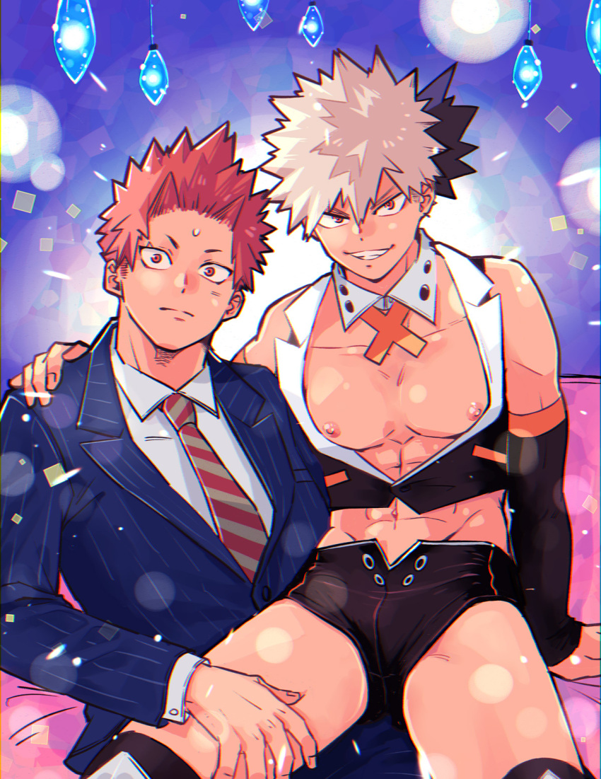 2boys abs bakugou_katsuki bare_pectorals blonde_hair blue_suit boku_no_hero_academia collared_shirt couch detached_collar detached_sleeves formal hand_on_another's_shoulder highres kirishima_eijirou looking_at_viewer male_focus multiple_boys necktie nipples pectorals red_eyes red_hair shirt short_shorts shorts sitting sitting_on_lap sitting_on_person smile spiked_hair striped_necktie striped_suit suit sweatdrop toned toned_male umasara white_shirt yaoi