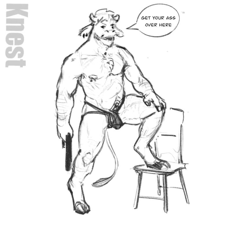 animated anthro belt bench body_hair bovid bovine bulge cattle chest_tuft clothing dialogue happy_trail imminent_spanking jockstrap knest looking_at_viewer male mammal muscular patting solo tuft underwear