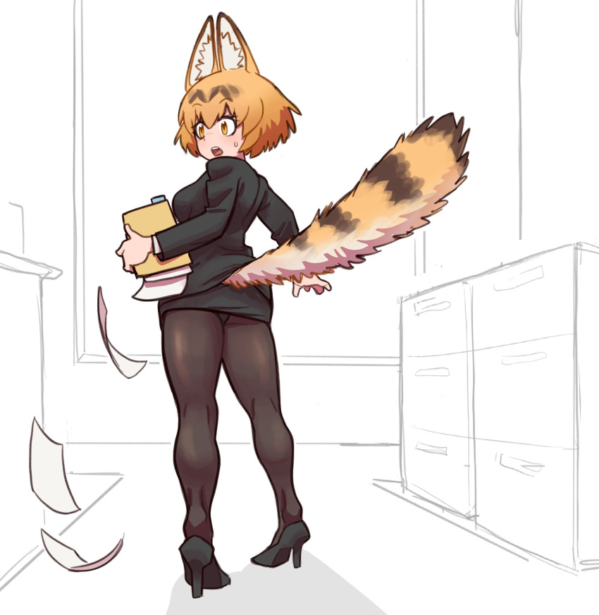 1girl animal_ears ass black_skirt business_suit cat_ears cat_tail extra_ears formal from_behind high_heels highres holding holding_paper kemono_friends office office_lady panties panties_under_pantyhose pantyhose pantyshot paper papers pencil_skirt serval_(kemono_friends) skirt skirt_suit striped_tail suit tail tateoftot underwear