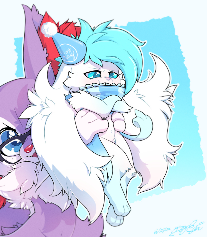 angry being_held birthday_hat braixen eyewear freckles gingy_(gingy_k_fox) gingy_k_fox glasses hi_res legendary_pok&eacute;mon nintendo pok&eacute;mon pok&eacute;mon_(species) possessed_clothing pouting scarf shaymin shiny_pok&eacute;mon size_difference video_games