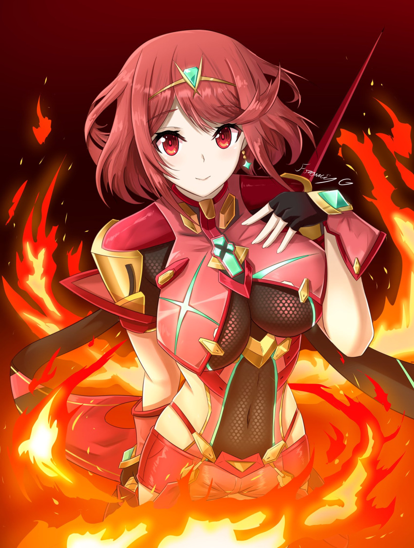 1girl bangs black_gloves blush bodysuit breasts chest_jewel covered_navel cowboy_shot earrings eyelashes fgsketch fingerless_gloves fire gloves gold_trim gradient gradient_background hand_on_own_chest hand_up highres holding holding_sword holding_weapon impossible_clothes jewelry large_breasts medium_hair micro_shorts pyra_(xenoblade) red_background red_bodysuit red_eyes red_hair shiny shiny_clothes shorts side_cutout sidelocks signature skindentation smile solo swept_bangs sword tiara weapon xenoblade_chronicles_(series) xenoblade_chronicles_2