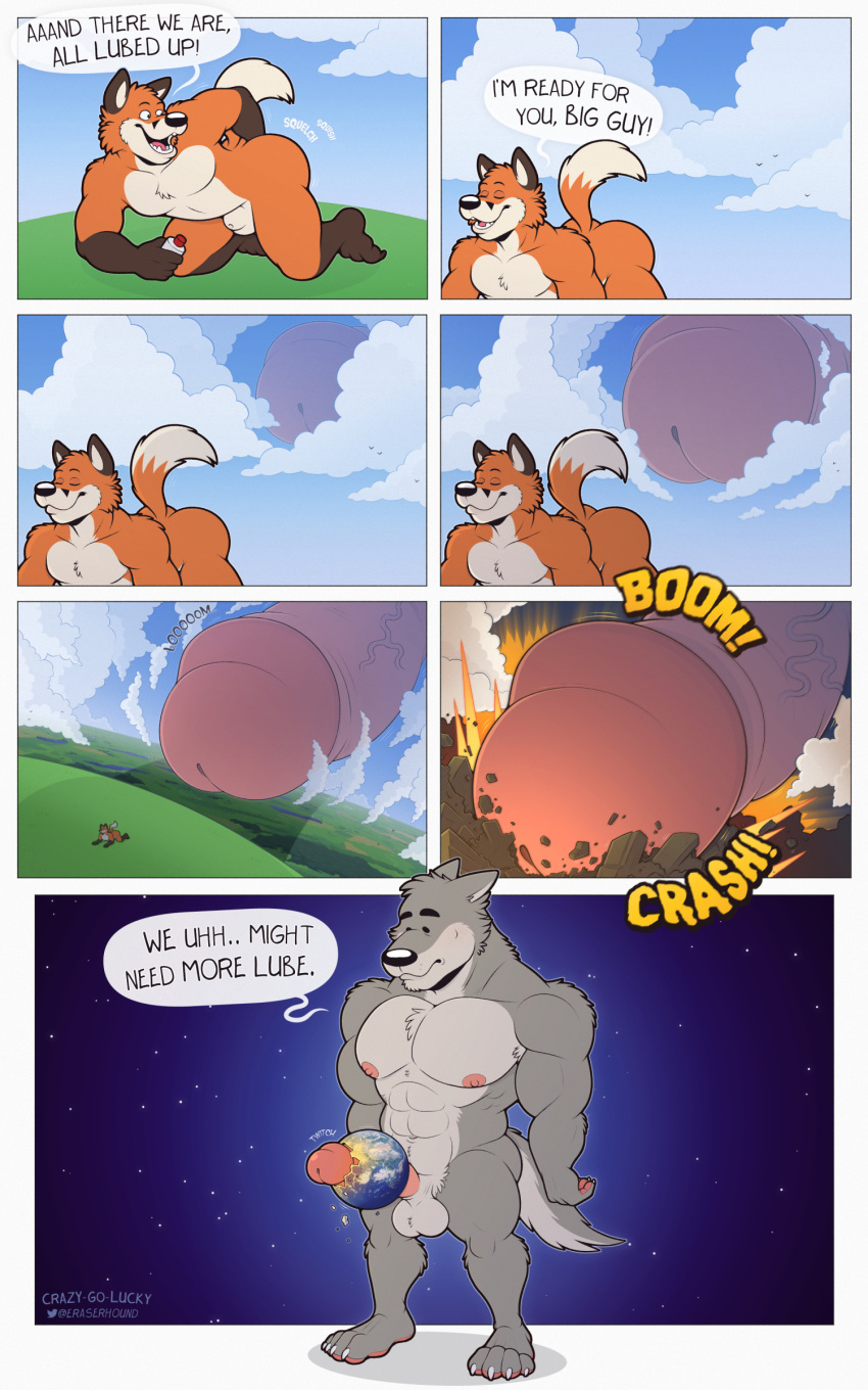 absurd_res animal_genitalia anthro balls canid canine canis comic crazy-go-lucky_(artist) duo english_text erection fox fully_shaded genitals hi_res humor it'll_never_fit macro male male/male mammal nude penis planet_destruction sheath size_difference text wolf