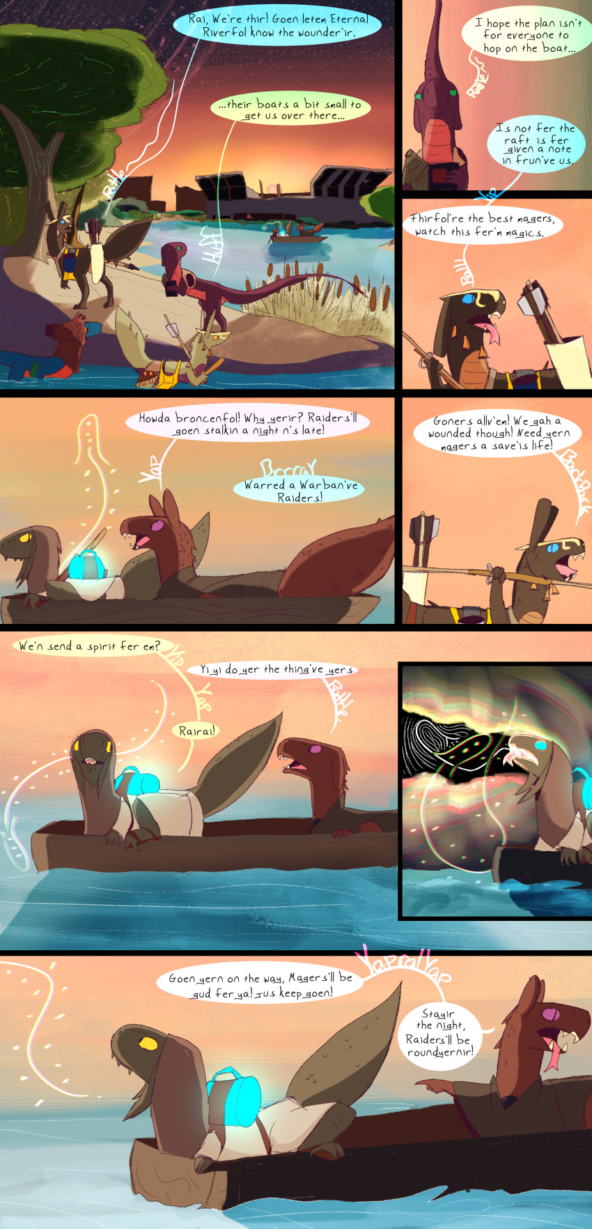 absurd_res boat comic desert dinosaur dragon dragonscape drekir dromaeosaurid female feral forl_(thepatchedragon) group hi_res magic magic_user male oli_(thepatchedragon) post-apocalyptic ralan_(thepatchedragon) reptile ruins scalie spirit text thepatchedragon theropod tribal tribal_clothing vehicle water watercraft