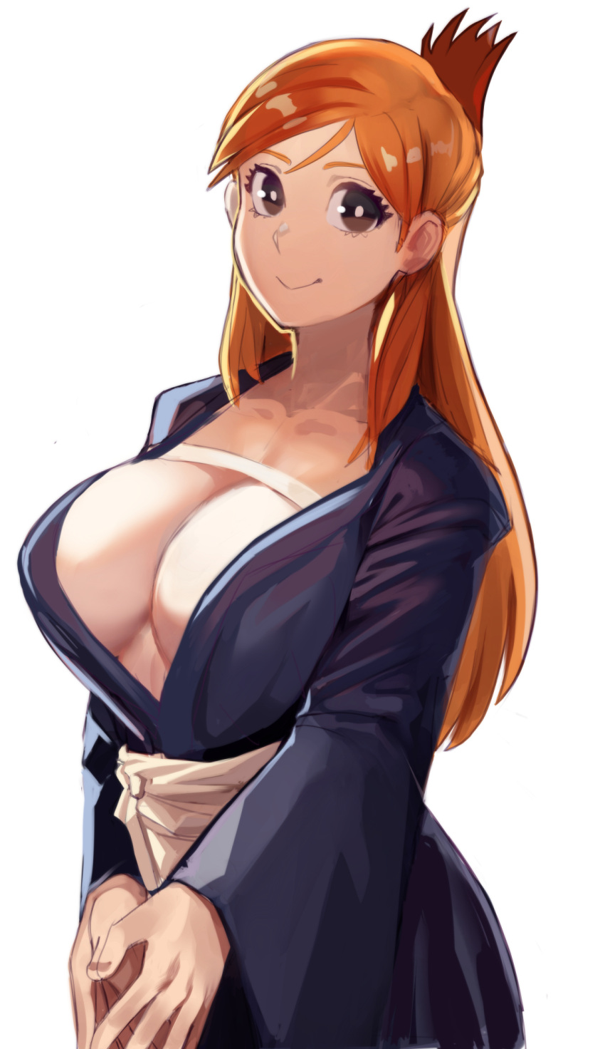 1girl bleach breasts brown_hair center_opening cleavage closed_mouth collarbone highres inoue_orihime japanese_clothes large_breasts long_hair looking_at_viewer orange_hair own_hands_together sash shaded_face sho-n-d sideboob smile solo sunlight white_sash