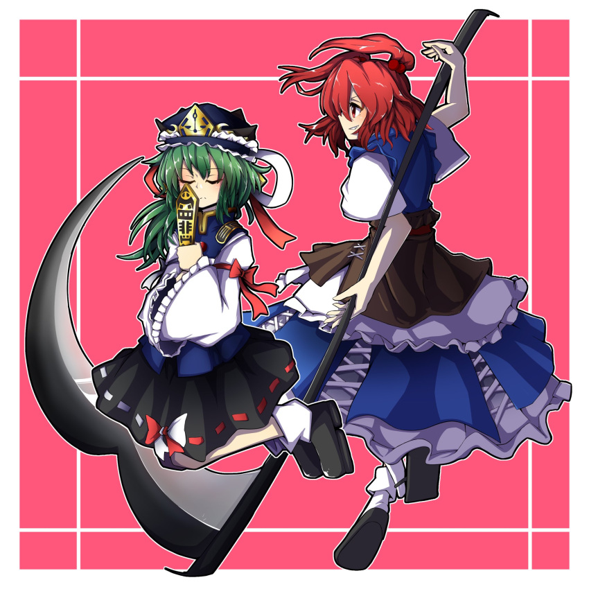 2girls asymmetrical_hair bangs black_footwear black_skirt closed_eyes epaulettes full_body green_hair hair_bobbles hair_ornament highres holding holding_scythe hurin_raika long_sleeves looking_at_viewer multiple_girls onozuka_komachi puffy_short_sleeves puffy_sleeves red_background red_eyes red_hair ribbon-trimmed_skirt ribbon_trim rod_of_remorse scythe shiki_eiki short_hair short_sleeves skirt touhou two_side_up white_legwear wide_sleeves