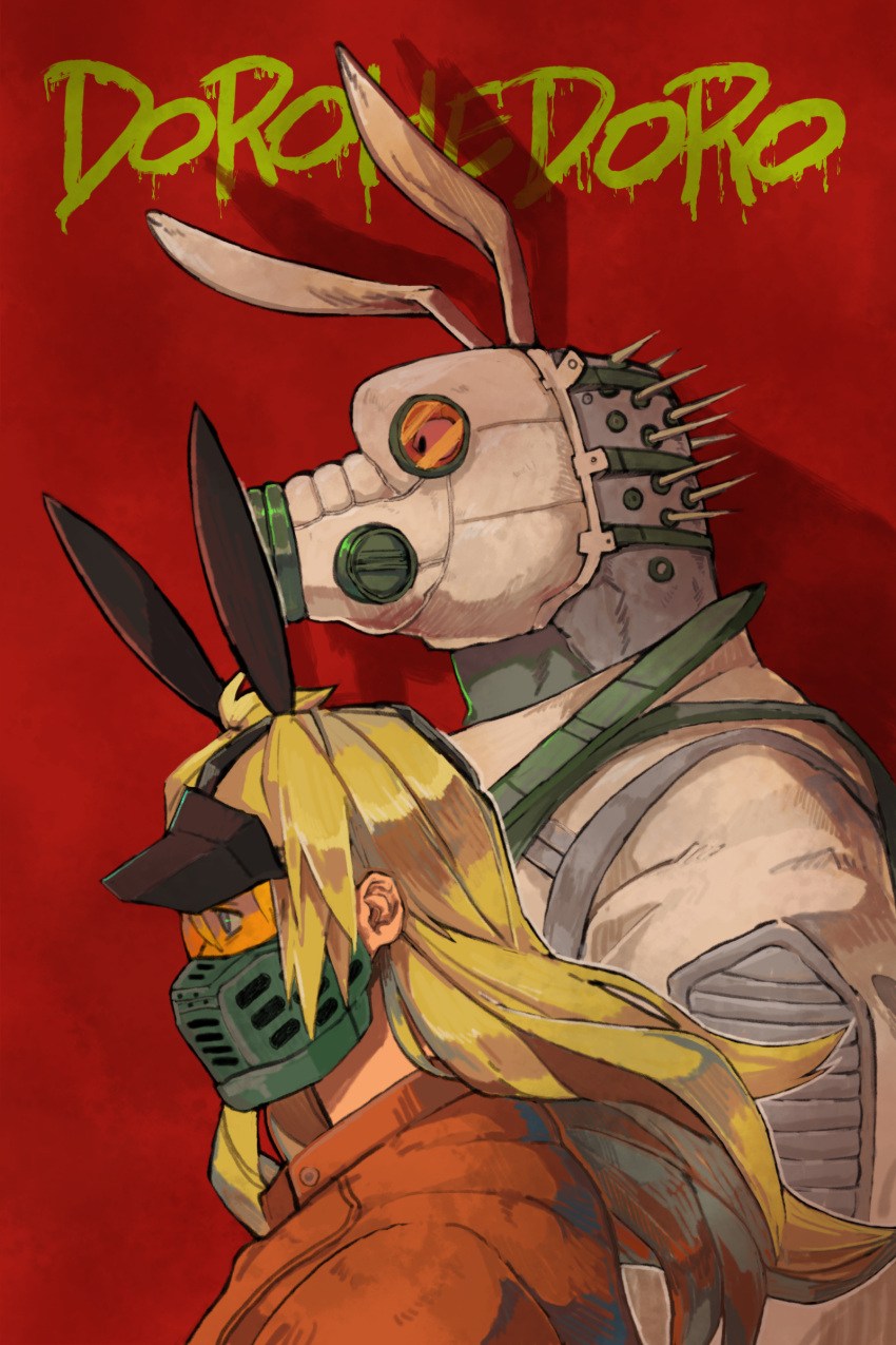 1boy 1girl absurdres animal_ears blonde_hair blue_eyes caiman_(dorohedoro) copyright_name dorohedoro drgryu750 drop_shadow fake_animal_ears from_side gas_mask highres long_hair looking_away mask mouth_mask nikaidou_(dorohedoro) portrait rabbit_ears red_background spikes upper_body