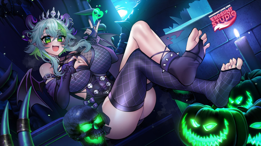 1girl alternate_breast_size bangs black_choker black_dress blue_hair blush breast_hold breasts bsapricot_(vtuber) candle castle choker cleavage demon_girl demon_horns demon_tail detached_sleeves dress elbow_gloves english_text eyebrows_behind_hair eyeshadow fang feet gloves green_eyes green_hair heart highres horns jack-o'-lantern jewelry large_breasts lich makeup medium_breasts multicolored_hair multiple_horns open_mouth osiimi pointy_ears pumpkin purple_eyeshadow ring short_hair_with_long_locks shorts single_thighhigh sitting skin_fang skull smile soles solo tail thigh_strap thighhighs throne tiara toes virtual_youtuber vshojo watermark waving wings