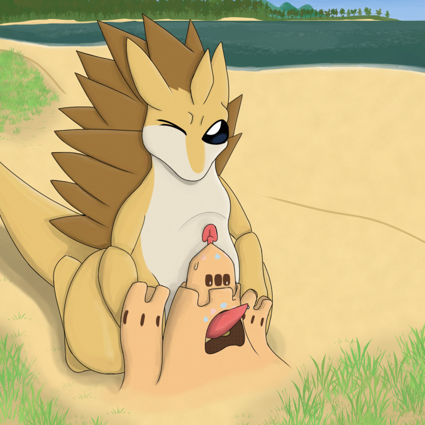 ambiguous_gender bodily_fluids detailed_background duo fellatio feral genital_fluids hi_res male male/ambiguous mammal mayorornot nintendo oral palossand penile pok&eacute;mon pok&eacute;mon_(species) precum sand sand_castle sandslash sculpture sex size_difference video_games