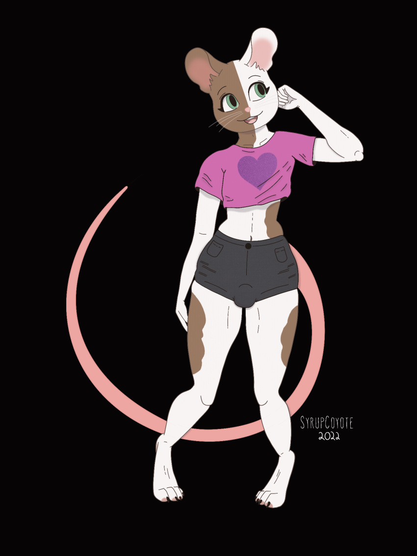 &lt;3 2022 anthro barefoot bottomwear bulge clothing crop_top cute_expression feet fur fur_markings girly green_eyes hi_res hotpants inner_ear_fluff long_tail male mammal markings mouse murid murine navel open_mouth paws rodent round_ears shay_(syrupcoyote) shirt shorts signature smile solo syrupcoyote topwear tuft whiskers white_body white_fur