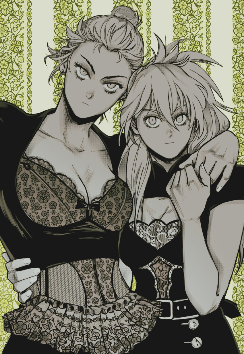 2girls absurdres bangs bare_arms belt bow breasts cleavage cleavage_cutout closed_mouth clothing_cutout collarbone dorohedoro earrings fishnets floral_background florbetriz frills hair_between_eyes hair_bun hair_over_shoulder hand_on_another's_hip hand_on_another's_shoulder hand_up head_tilt highres holding_hands jewelry lingerie long_hair monochrome multiple_girls nikaidou_(dorohedoro) noi_(dorohedoro) ponytail short_sleeves single_hair_bun striped striped_background underwear updo upper_body