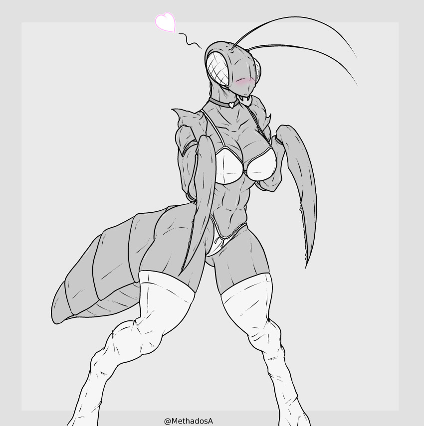 &lt;3 2022 absurd_res antennae_(anatomy) anthro arthropod arthropod_abdomen blush breasts choker cleavage clothed clothing female greyscale hi_res insect jewelry legwear mantis methados monochrome necklace non-mammal_breasts panties portrait redraw solo spot_color standing stockings thigh_highs three-quarter_portrait underwear underwear_only