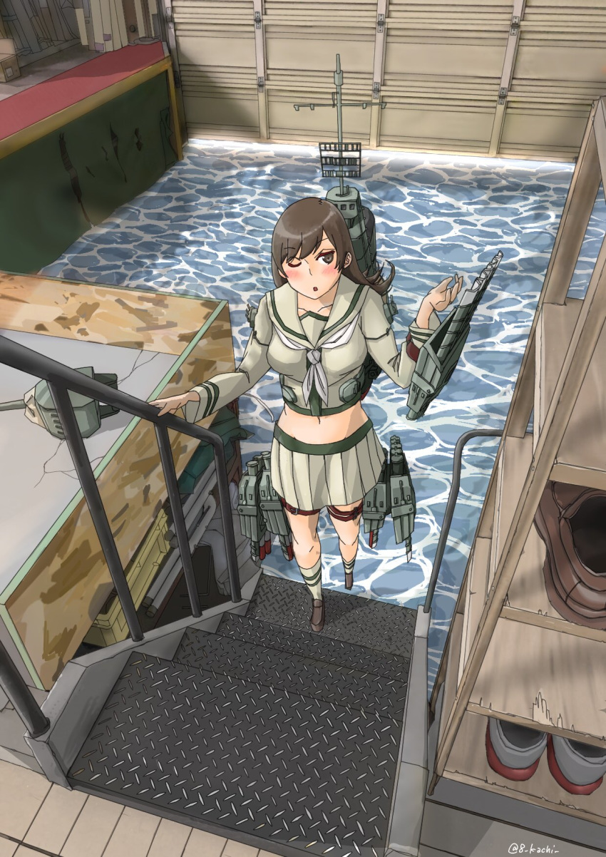 1girl ;o breasts brown_eyes brown_footwear brown_hair dock highres kachi_(kachi5100) kantai_collection kneehighs large_breasts long_hair looking_to_the_side machinery midriff navel neckerchief one_eye_closed ooi_(kantai_collection) pleated_skirt remodel_(kantai_collection) shoes skirt solo torpedo_tubes turret white_legwear white_neckwear
