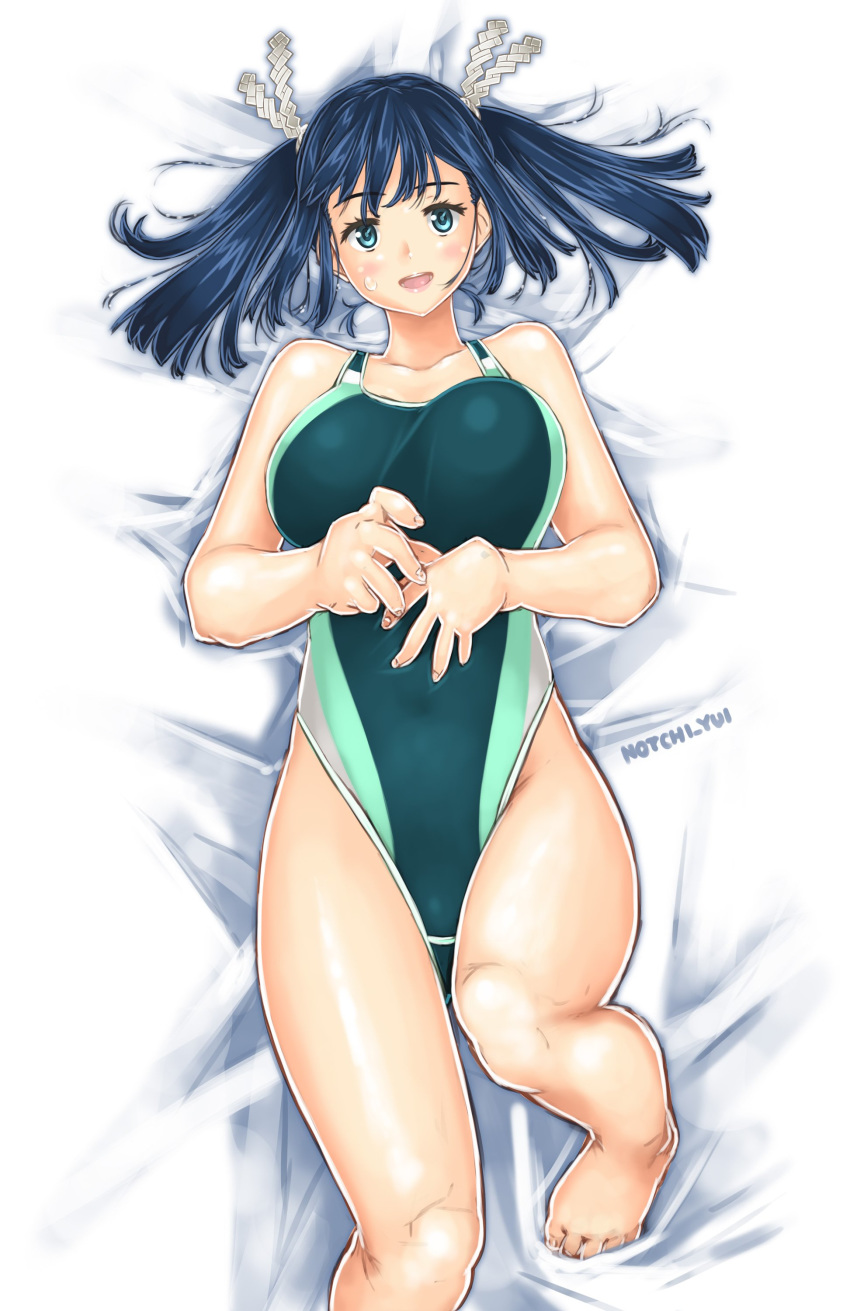 1girl :d absurdres alternate_costume artist_name bare_shoulders barefoot bed_sheet blue_eyes blue_hair blush breasts competition_swimsuit green_swimsuit hair_ribbon highres kantai_collection large_breasts looking_at_viewer lying notchi on_back on_bed one-piece_swimsuit open_mouth ribbon smile solo souryuu_(kantai_collection) swimsuit twintails white_ribbon