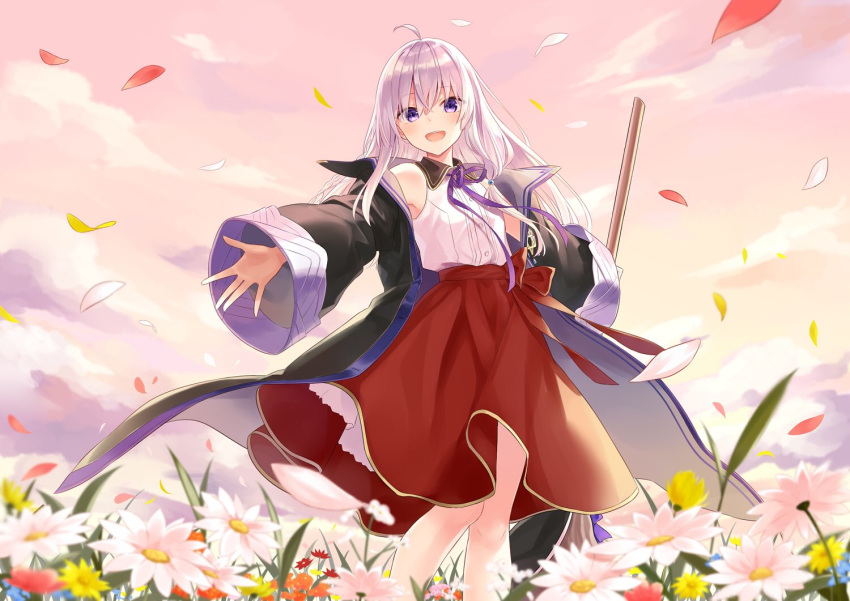 1girl :d ahoge azuuru bare_shoulders black_robe blush broom buttons cloud collared_shirt commentary_request day elaina_(majo_no_tabitabi) field flower flower_field holding holding_broom leaf leaves_in_wind long_hair long_skirt long_sleeves looking_at_viewer majo_no_tabitabi neck_ribbon off_shoulder open_clothes open_mouth outdoors outstretched_arms purple_eyes purple_neckwear red_skirt ribbon robe shirt shirt_tucked_in silver_hair skirt sky sleeveless sleeveless_shirt smile solo standing white_flower white_shirt wide_shot wide_sleeves yellow_flower
