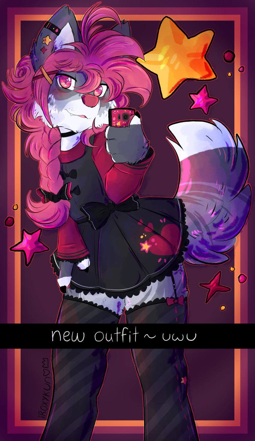 2019 absurd_res anthro bedroom_eyes blush bow canid canine canis catpup clothed clothing digital_media_(artwork) domestic_cat domestic_dog dress english_text fangs felid feline felis fur garter_belt garter_straps girly hair hair_bow hair_ribbon half-closed_eyes hi_res hybrid iroxykun itsuki_ouma jewelry legwear long_hair looking_at_viewer male mammal open_mouth pawpads phone ribbons seductive selfie skirt smile snapchat solo stockings text thigh_highs tongue trap_(disambiguation)