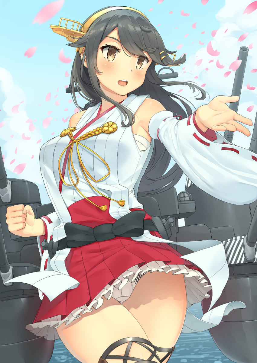 1girl absurdres bare_shoulders black_hair blue_sky boots brown_eyes cherry_blossoms cloud commentary_request cowboy_shot day detached_sleeves hair_ornament hairband hairclip haruna_(kantai_collection) headgear highres kantai_collection long_hair machinery outdoors panties pantyshot pantyshot_(standing) petals pleated_skirt red_skirt remodel_(kantai_collection) ribbon-trimmed_sleeves ribbon_trim skirt sky solo soushou_nin standing striped striped_panties thigh_boots thighhighs underwear white_panties wide_sleeves