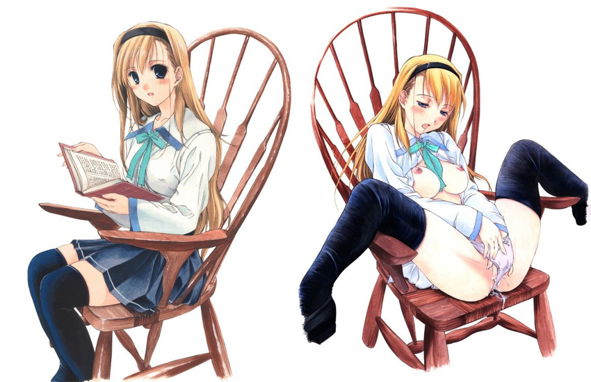 blonde_hair blue_eyes blush book bow bow_panties breasts chair fingering hairband hand_in_panties large_breasts long_hair masturbation medium_breasts nipples nishiki_yoshimune non-web_source open_clothes open_shirt panties pussy_juice reading shirt sitting skirt spread_legs techgian thighhighs underwear white_panties