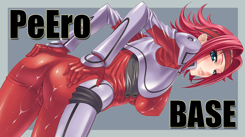 ass ass_grab bent_over blue_eyes blush bodysuit breasts cameltoe code_geass covered_nipples cum gloves grabbing_own_ass hands_on_own_ass headdress kallen_stadtfeld large_breasts lips looking_at_viewer pierre_norano red_gloves red_hair short_hair simple_background solo spread_ass text_focus