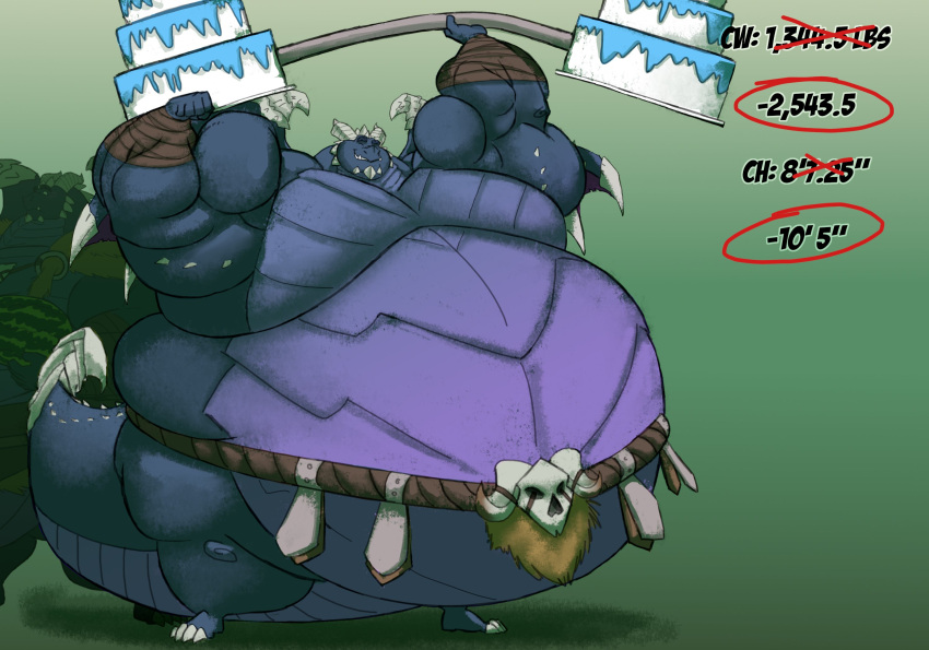 2_horns 4_toes 5_fingers anthro barbell belly belt big_belly blue_body bone brosb4does bubba_(spyro) cake claws dessert dragon exercise eyes_closed feet fingers fist flexing_bicep food gradient_background green_background growth growth_drive hi_res horn hyper hyper_belly love_handles male moobs mostly_nude muscle_growth musclegut muscular muscular_anthro muscular_male obese obese_anthro obese_male overweight overweight_anthro overweight_male purple_belly silver-stag simple_background skull solo standing text toes weight_gain weightlifting workout wrappings
