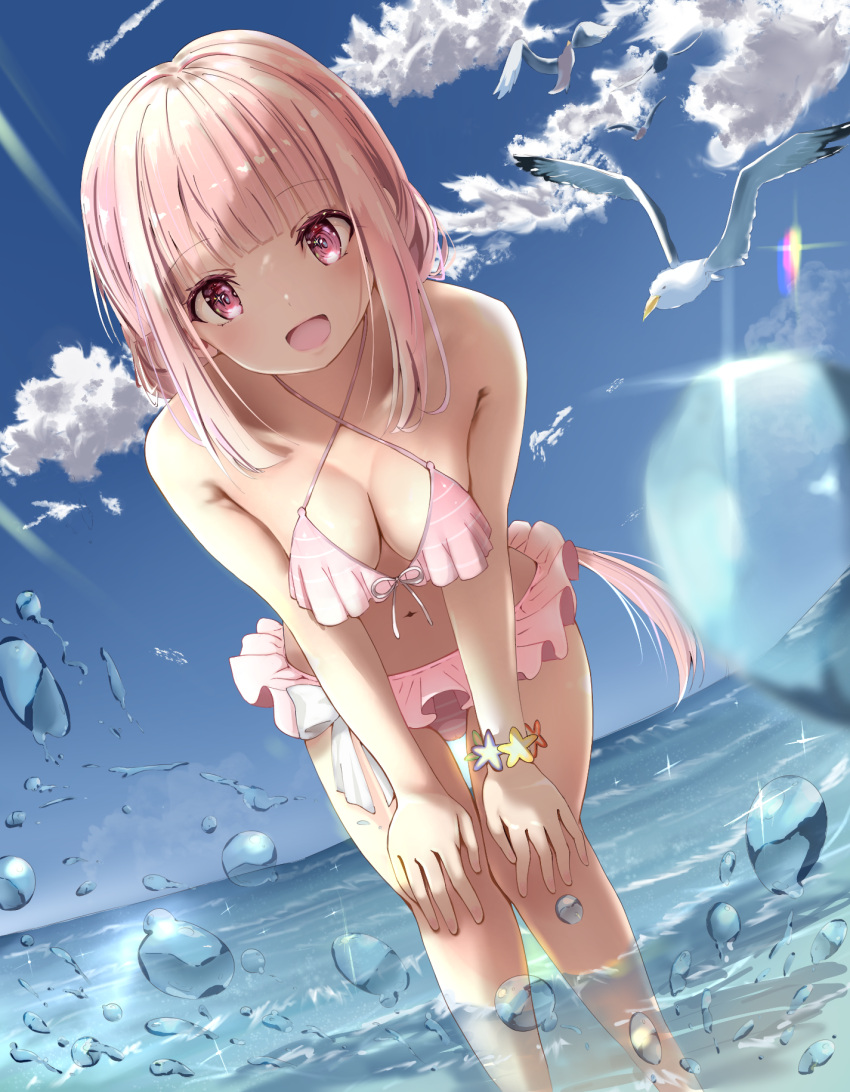 bangs bikini blunt_bangs braid breasts frilled_bikini frills highres long_hair looking_at_viewer magia_record:_mahou_shoujo_madoka_magica_gaiden mahou_shoujo_madoka_magica midriff navel ocean open_mouth pikuru pink_eyes pink_hair sidelocks small_breasts solo striped striped_bikini swimsuit tamaki_iroha