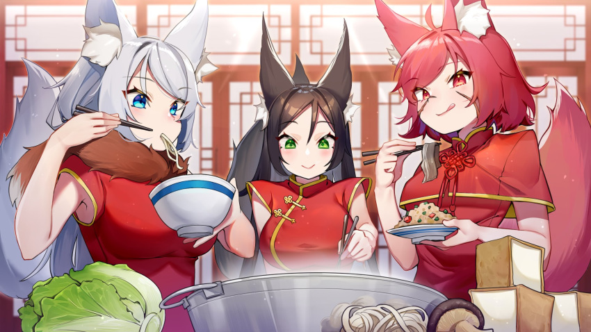 3girls animal_ear_fluff animal_ears blue_eyes blush bok_choy bowl breasts brown_hair cabbage capelet china_dress chinese_clothes chinese_knot chopsticks dress eating food fox_ears fox_girl fox_tail green_eyes grey_hair highres holding holding_chopsticks holding_plate ihachisu indoors large_breasts lips long_hair multiple_girls mushroom noodles original plate red_dress red_eyes red_hair rice scar scar_on_face short_hair short_sleeves small_breasts tail tofu tongue tongue_out upper_body