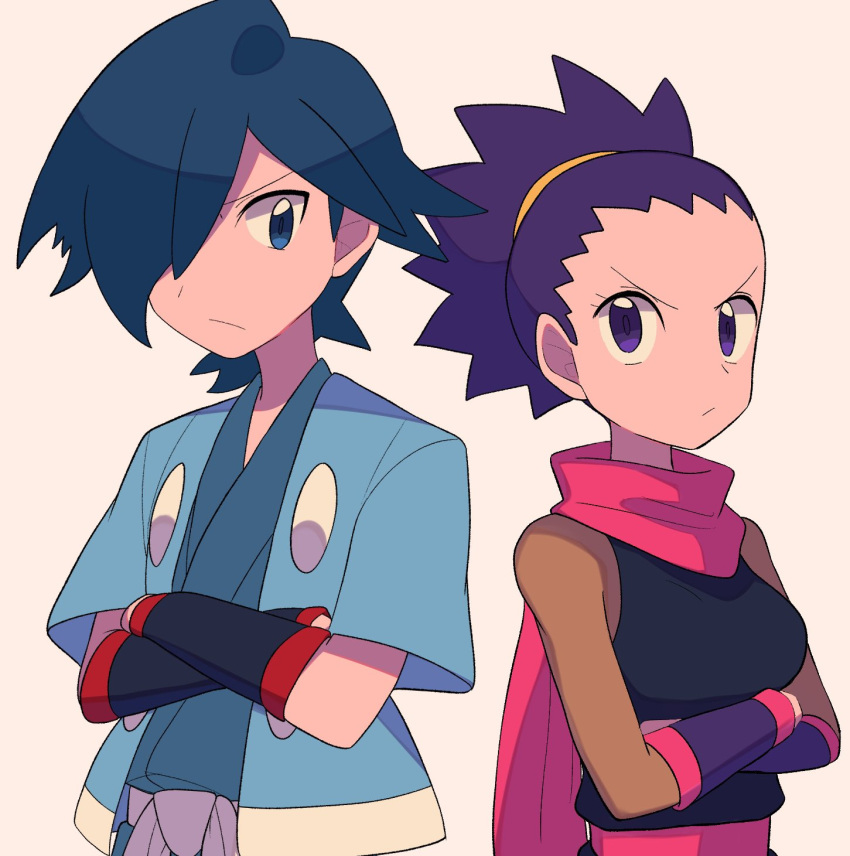 1boy 1girl black_wristband blue_eyes blue_hair blue_jacket blue_kimono closed_mouth commentary_request crossed_arms eyelashes falkner_(pokemon) frown hair_over_one_eye haori highres jacket janine_(pokemon) japanese_clothes kimono open_clothes open_jacket pink_scarf pokemon pokemon_(game) pokemon_hgss purple_eyes purple_hair sash scarf short_hair short_sleeves tyako_089 upper_body wristband