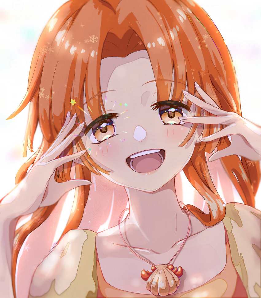 +_+ 1girl absurdres backlighting bangs blush collarbone dorara9002 hands_up highres hime_cut long_hair looking_at_viewer mermaid_melody_pichi_pichi_pitch open_mouth orange_eyes orange_hair seira_(mermaid_melody_pichi_pichi_pitch) shell shell_necklace shiny shiny_hair shiny_skin smile snowflakes solo star_(symbol) teeth