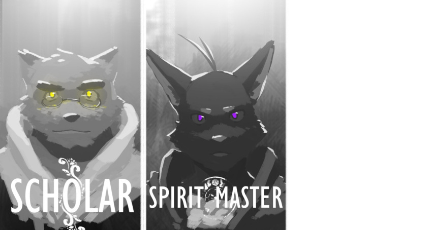 2015 ahoge anthro canid canine clothed clothing coat digital_media_(artwork) digital_painting_(artwork) diptych domestic_cat dramatic_lighting duo eyewear fantasy felid feline felis gameplay_mechanics glasses glowing glowing_eyes hair male mammal monochrome nyuudles raccoon_dog serious_face tanuki topwear