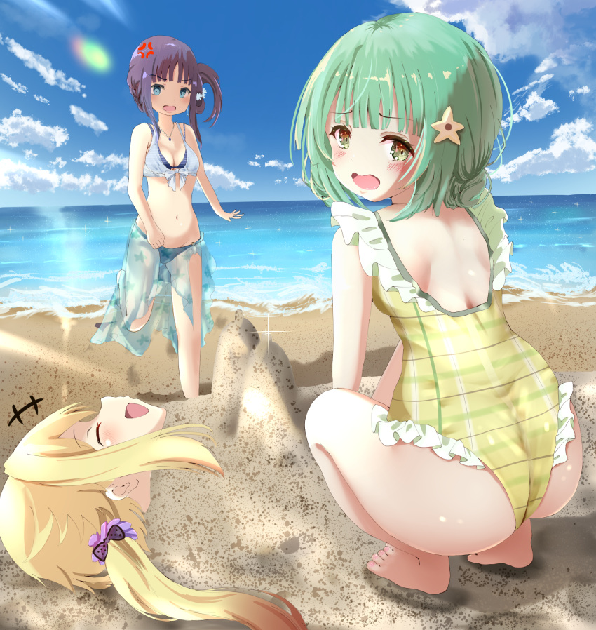 3girls :d bangs beach blonde_hair blue_eyes blue_hair blunt_bangs blush breasts buried closed_eyes flower green_eyes green_hair hair_between_eyes hair_flower hair_ornament highres long_hair looking_at_viewer magia_record:_mahou_shoujo_madoka_magica_gaiden mahou_shoujo_madoka_magica medium_breasts mitsuki_felicia multiple_girls nanami_yachiyo natsume_kako one-piece_swimsuit open_mouth pikuru plaid plaid_swimsuit sand sarong sidelocks smile swimsuit twintails