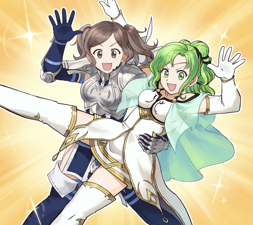 2girls :d armor bangs betabetamaru black_ribbon blue_gloves boots breastplate brown_eyes brown_hair cape circlet cynthia_(fire_emblem) dress fire_emblem fire_emblem:_the_sacred_stones fire_emblem_awakening gloves green_eyes green_hair hair_ribbon highres holding holding_person l'arachel_(fire_emblem) leg_up looking_at_viewer multiple_girls open_mouth ponytail pose ribbon shoulder_armor smile thigh_boots twintails twitter_username white_dress white_gloves zettai_ryouiki