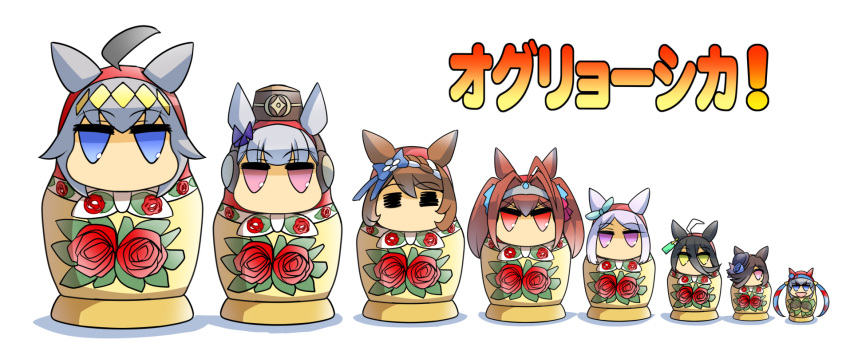 6+girls =_= ahoge animal_ears bangs black_hair blue_eyes blue_flower blue_headwear blue_rose brown_hair commentary_request daiwa_scarlet_(umamusume) ear_covers flower gold_ship_(umamusume) grey_hair hair_between_eyes hair_intakes hairband hat hat_flower headband headgear highres hisahiko horse_ears horse_girl long_bangs long_hair manhattan_cafe_(umamusume) matryoshka_doll mejiro_mcqueen_(umamusume) multicolored_hair multiple_girls oguri_cap_(umamusume) partial_commentary pillbox_hat purple_eyes red_eyes rice_shower_(umamusume) rose super_creek_(umamusume) swept_bangs tamamo_cross_(umamusume) tiara tilted_headwear twintails two-tone_hair umamusume white_hair yellow_eyes