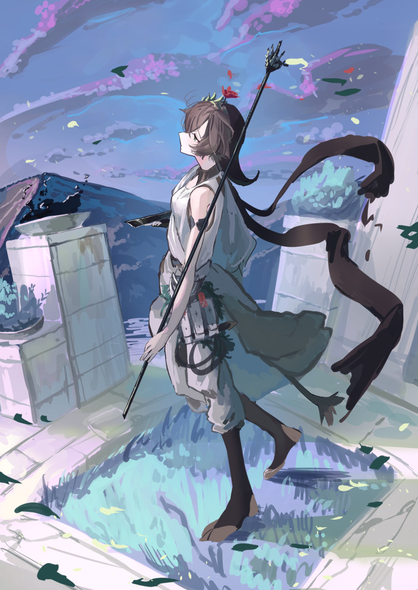 1girl absurdres animal_ears arknights black_footwear black_scarf blue_sky boots brown_hair cloud cloudy_sky cow_ears cow_girl cow_horns cow_tail dress flower flower_on_head from_side full_body green_eyes highres holding holding_staff horns looking_up mountain natsuba002 official_alternate_costume outdoors pallas_(arknights) pallas_(heritage)_(arknights) red_flower scarf short_hair sketch sky sleeveless sleeveless_dress solo staff standing tail white_dress